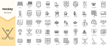 Hokey simgelerinin basit ana hatları. Doğrusal biçim simgeleri paketlendi. Vektör illüstrasyonu