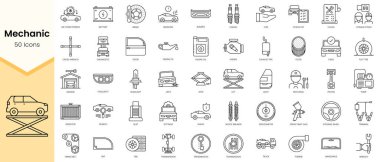 Tamirci simgelerinin basit ana hatları. Doğrusal biçim simgeleri paketlendi. Vektör illüstrasyonu