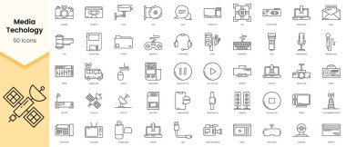 Media Techology simgelerinin basit özeti. Doğrusal biçim simgeleri paketlendi. Vektör illüstrasyonu