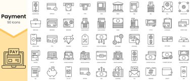 Basit Ödeme Simgeleri Özeti. Doğrusal biçim simgeleri paketlendi. Vektör illüstrasyonu