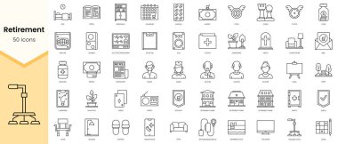 Basit Emeklilik Simgeleri Özeti. Doğrusal biçim simgeleri paketlendi. Vektör illüstrasyonu