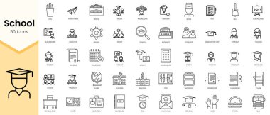 Basit Okul Taslak Simgeleri. Doğrusal biçim simgeleri paketlendi. Vektör illüstrasyonu