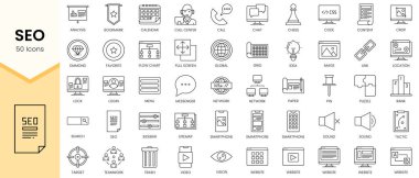 Seo simgelerinin basit ana hatları. Doğrusal biçim simgeleri paketlendi. Vektör illüstrasyonu