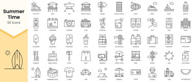 Summertime simgelerinin Basit Taslak Dizisi. Doğrusal biçim simgeleri paketlendi. Vektör illüstrasyonu