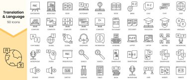 Çeviri ve Dil simgelerinin Basit Ana Hattı. Doğrusal biçim simgeleri paketlendi. Vektör illüstrasyonu