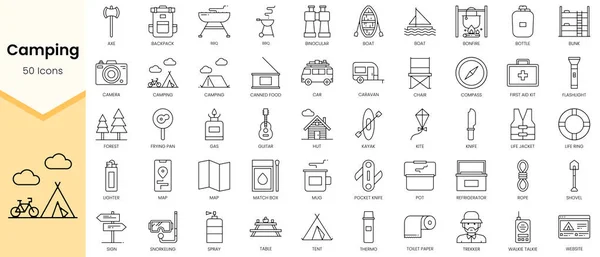 Basit Kamp Simgeleri Özeti. Doğrusal biçim simgeleri paketlendi. Vektör illüstrasyonu