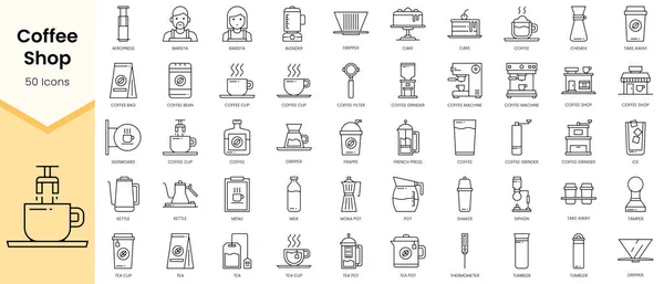 Basit kahve dükkânı ikonları seti. Doğrusal biçim simgeleri paketlendi. Vektör illüstrasyonu