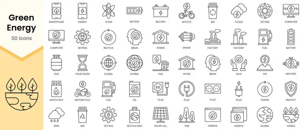 Yeşil Enerji simgelerinin basit ana hatları. Doğrusal biçim simgeleri paketlendi. Vektör illüstrasyonu