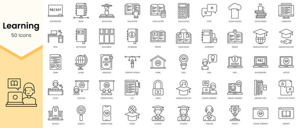 Simple Outline Set of Learning icons. Linear style icons pack. Vector illustration