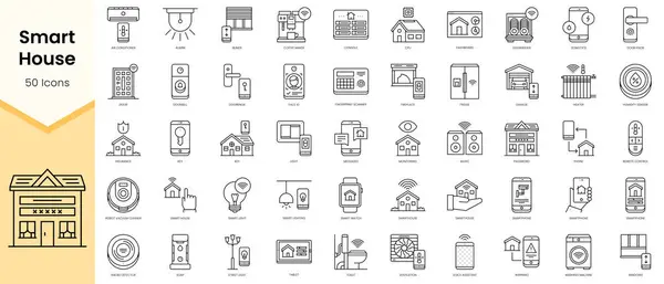 Akıllı Ev simgelerinin Basit Taslak Dizisi. Doğrusal biçim simgeleri paketlendi. Vektör illüstrasyonu