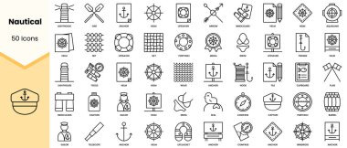 Denizcilik simgeleri seti. Basit çizgi sanat simgeleri paketi. Vektör illüstrasyonu