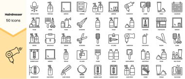 Bir dizi kuaför ikonu. Basit çizgi sanat simgeleri paketi. Vektör illüstrasyonu
