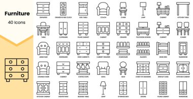Mobilya Simgeleri. Basit çizgi sanat simgeleri paketi. Vektör illüstrasyonu