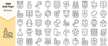 Bir grup çocuk ve oyuncak ikonu. Basit çizgi sanat simgeleri paketi. Vektör illüstrasyonu
