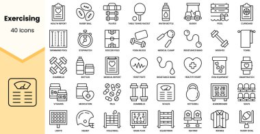 Egzersiz simgeleri. Basit çizgi sanat simgeleri paketi. Vektör illüstrasyonu