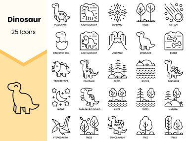 Bir dizi dinozor ikonu. Basit çizgi sanat simgeleri paketi. Vektör illüstrasyonu