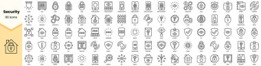 Bir dizi güvenlik simgesi. Basit çizgi sanat simgeleri paketi. Vektör illüstrasyonu