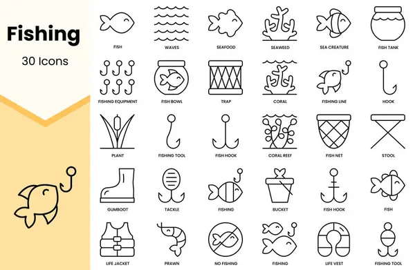 Balık tutma ikonları. Basit çizgi sanat simgeleri paketi. Vektör illüstrasyonu