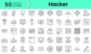 Bir dizi hacker ikonu. Çizgi sanatı simgeleri paketi. vektör illüstrasyonu
