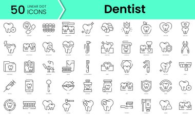 Bir dizi dişçi ikonu. Çizgi sanatı simgeleri paketi. vektör illüstrasyonu