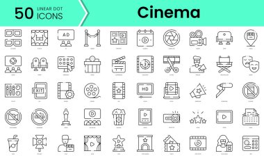 Bir dizi sinema ikonu. Çizgi sanatı simgeleri paketi. vektör illüstrasyonu