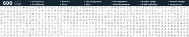 600 tane ince çizgi simgesi. Bu deste arasında büyükanne ve büyükbabalar, Yunan mitolojisi, sera, spor malzemeleri ve daha fazlası yer alıyor
