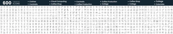 stock vector Set of 600 thin line icons. In this bundle include clothes, cocktails, coffee production, coffee shop and more