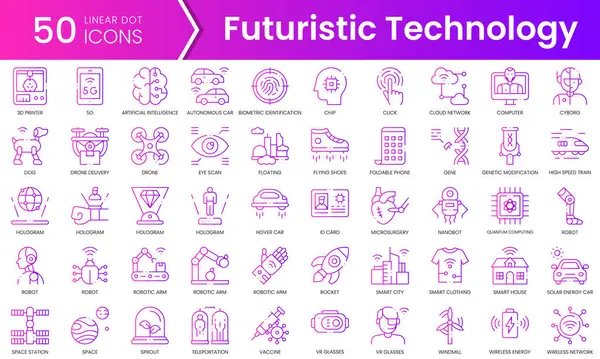 Bir dizi fütürist teknoloji ikonu. Gradyan stil simgesi paketi. Vektör İllüstrasyonu