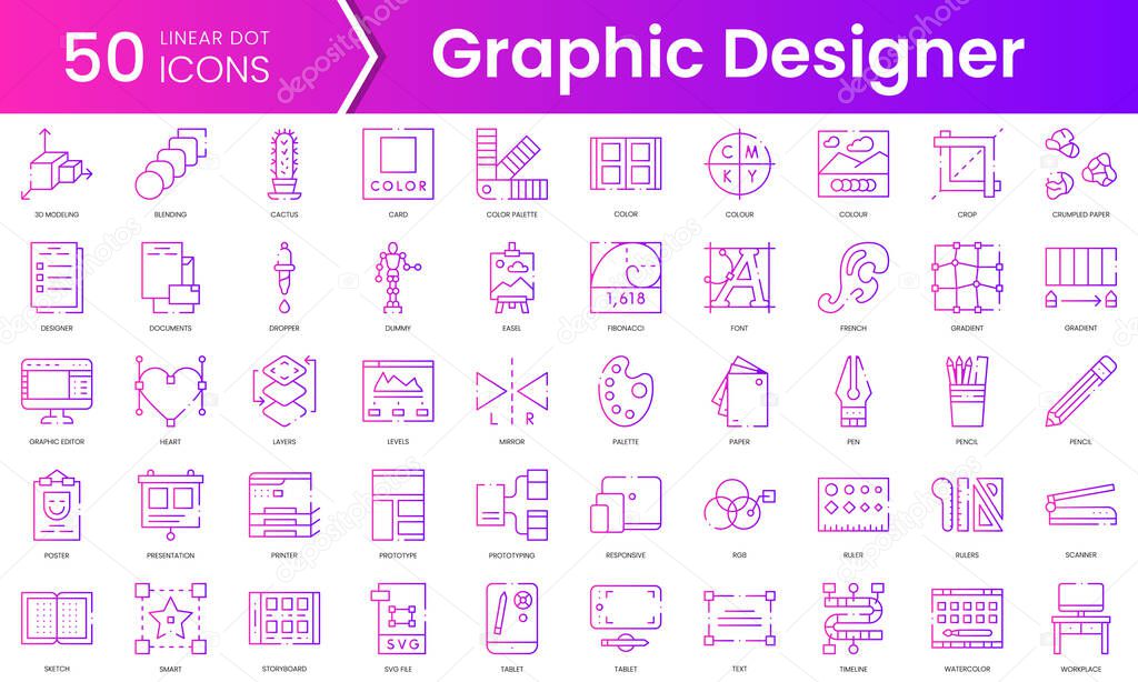 Set of graphic designer icons. Gradient style icon bundle. Vector Illustration