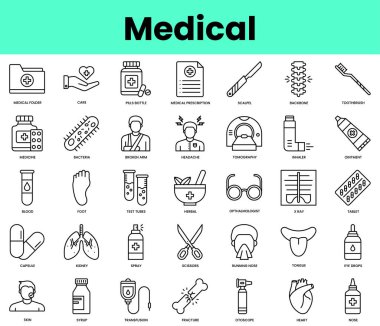 Bir takım tıbbi ikonlar. Doğrusal biçim simgesi paketi. Vektör İllüstrasyonu