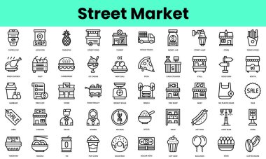 Bir dizi sokak piyasa ikonu. Doğrusal biçim simgesi paketi. Vektör İllüstrasyonu