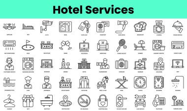 Bir dizi otel servis ikonu. Doğrusal biçim simgesi paketi. Vektör İllüstrasyonu
