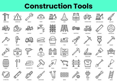 İnşaat aletleri ikonları. Doğrusal biçim simgesi paketi. Vektör İllüstrasyonu