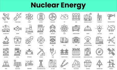 Nükleer enerji ikonları. Doğrusal biçim simgesi paketi. Vektör İllüstrasyonu