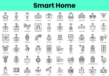 Bir dizi akıllı ev ikonu. Doğrusal biçim simgesi paketi. Vektör İllüstrasyonu