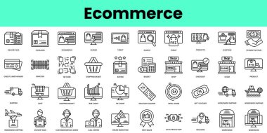 Bir dizi ekommerce simgesi. Doğrusal biçim simgesi paketi. Vektör İllüstrasyonu