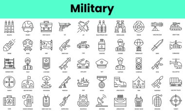 Bir dizi askeri simge. Doğrusal biçim simgesi paketi. Vektör İllüstrasyonu