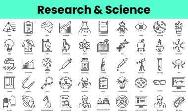 Araştırma ve bilim ikonları. Doğrusal biçim simgesi paketi. Vektör İllüstrasyonu