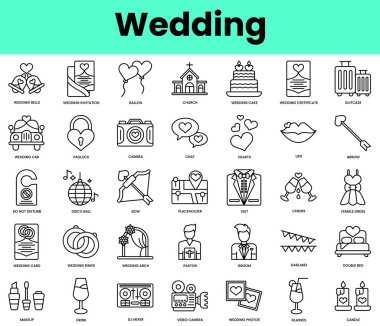 Düğün ikonları. Doğrusal biçim simgesi paketi. Vektör İllüstrasyonu