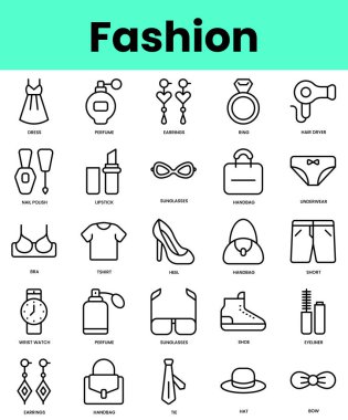 Moda ikonları. Doğrusal biçim simgesi paketi. Vektör İllüstrasyonu