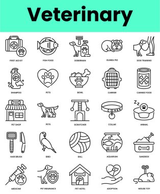 Veterinerlik ikonları. Doğrusal biçim simgesi paketi. Vektör İllüstrasyonu