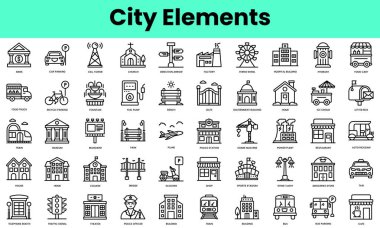 Şehir element simgeleri kümesi. Doğrusal biçim simgesi paketi. Vektör İllüstrasyonu