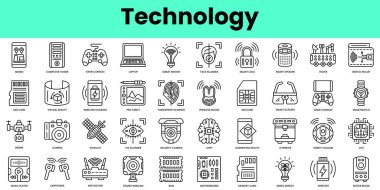 Teknoloji ikonları. Doğrusal biçim simgesi paketi. Vektör İllüstrasyonu