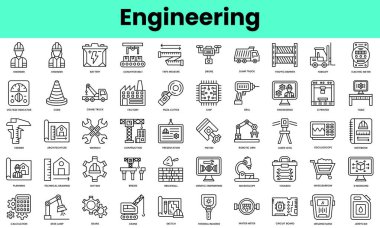 Mühendislik ikonları. Doğrusal biçim simgesi paketi. Vektör İllüstrasyonu