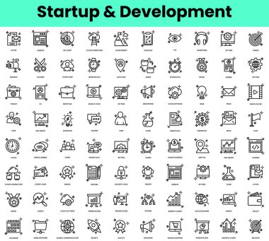 Başlangıç ve geliştirme simgeleri kümesi. Doğrusal biçim simgesi paketi. Vektör İllüstrasyonu