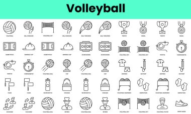 Voleybol ikonları seti. Doğrusal biçim simgesi paketi. Vektör İllüstrasyonu