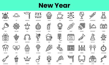 Yeni yıl simgeleri. Doğrusal biçim simgesi paketi. Vektör İllüstrasyonu