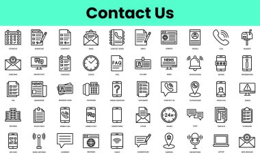 Bizimle kontak kurun. Doğrusal biçim simgesi paketi. Vektör İllüstrasyonu