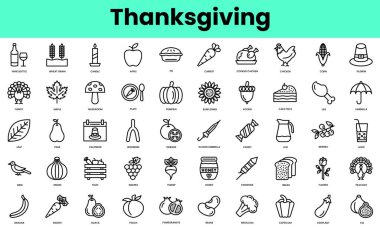 Bir dizi şükran günü ikonu. Doğrusal biçim simgesi paketi. Vektör İllüstrasyonu