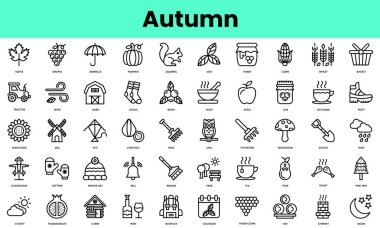 Sonbahar ikonları. Doğrusal biçim simgesi paketi. Vektör İllüstrasyonu